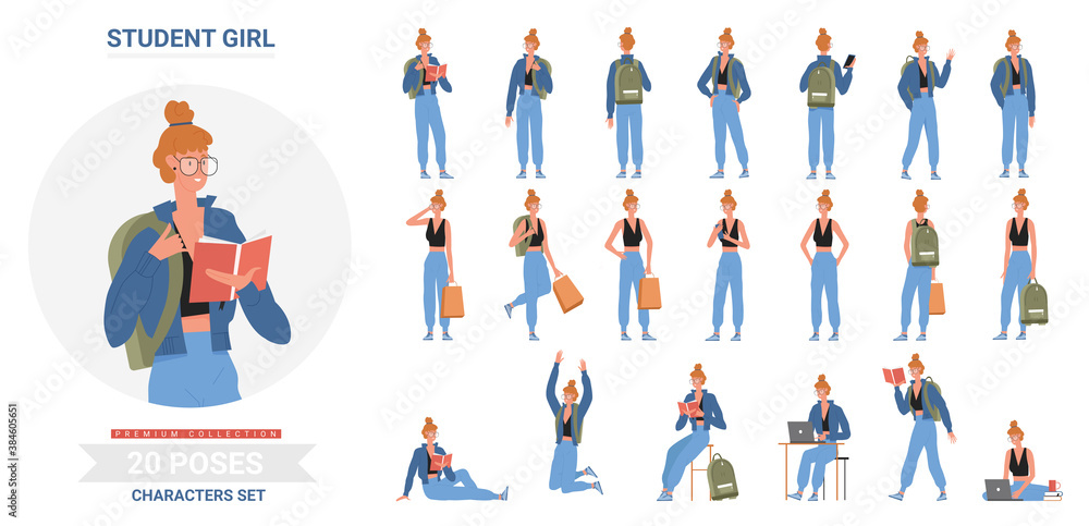 Student girl poses infographic vector illustration set. Cartoon flat young woman standing with backpack, sitting, studying at table with laptop and books, study different postures isolated on white