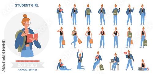 Student girl poses infographic vector illustration set. Cartoon flat young woman standing with backpack, sitting, studying at table with laptop and books, study different postures isolated on white
