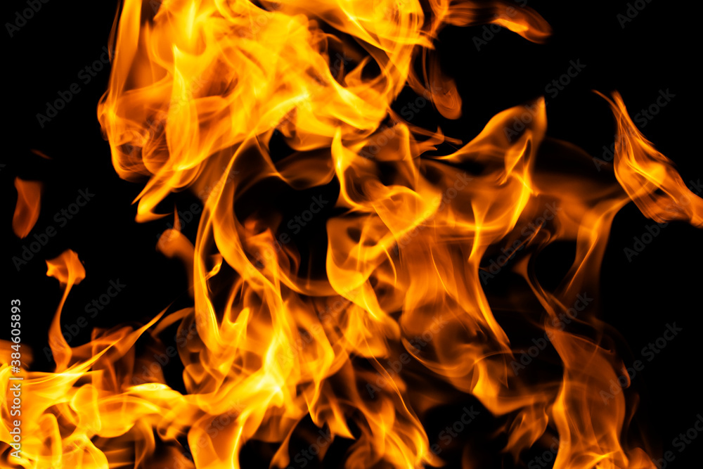 Fire flames on black background isolated. Burning gas or gasoline burns with fire and flames. Flaming burning sparks close-up, fire patterns. Infernal glow of fire in the dark with copy-space Fire flames on black background isolated. Burning gas or gasoline burns with fire and flames. Flaming burning sparks close-up, fire patterns. Infernal glow of fire in the dark with copy-space