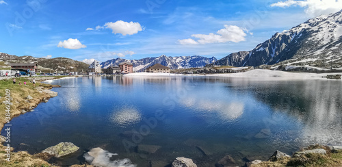 Ultra wide panorama of the lake in the Gotthardpass