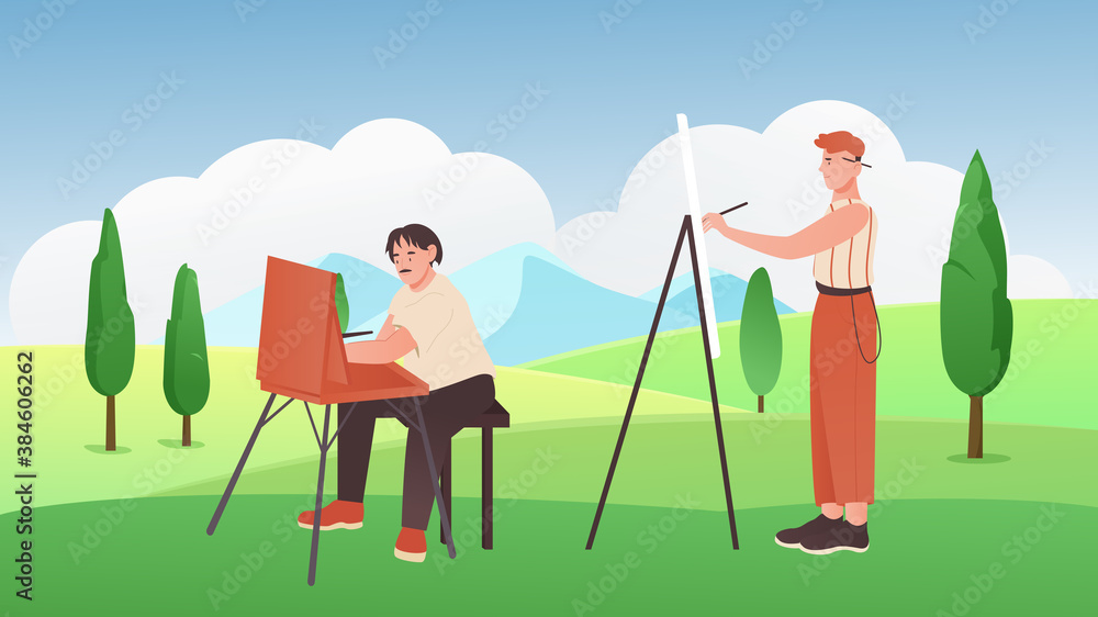 Artist people paint vector illustration. Cartoon man painter characters holding brushes, sitting, standing next to easels, painting pictures of beautiful summer nature landscape. Art hobby background