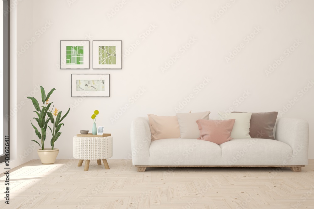 White living room with sofa. Scandinavian interior design. 3D illustration White living room with sofa. Scandinavian interior design. 3D illustration