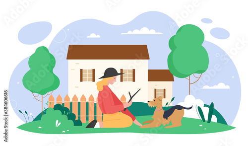 Play with dog outdoor activity vector illustration. Cartoon owner woman character playing with own doggy animal pet, training dog with stick in summer garden, throw stick for puppy isolated on white