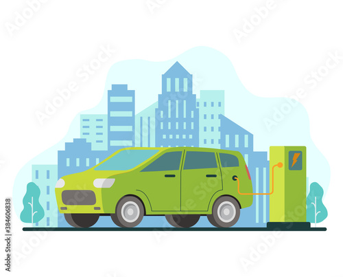 Fototapeta Naklejka Na Ścianę i Meble -  Eco car charging station.Electric refueling.Green energy.City skyline urban landscape with skyscrapers.Flat vector illustration.
