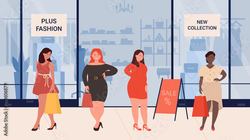 Fashion woman plus size vector illustration. Cartoon young female characters in fashionable clothes standing next to shop window, overweight curvy fashionista girls shopping with bags background