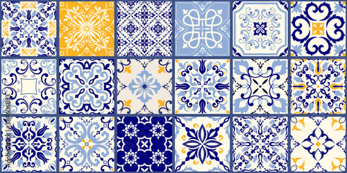Collection of 18 ceramic tiles in turkish style. Seamless colorful patchwork from Azulejo tiles. Portuguese and Spain decor. Islam, Arabic, Indian, Ottoman motif. Vector Hand drawn background photo