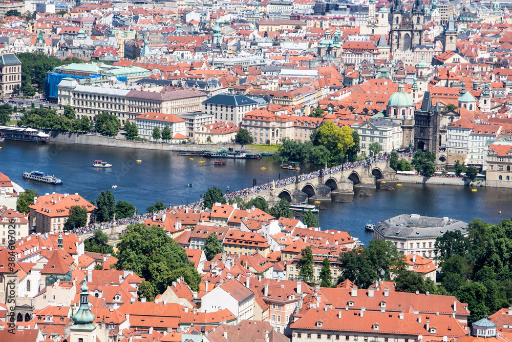 Naklejka premium Prague panorama charles bridge river from mountain skyview