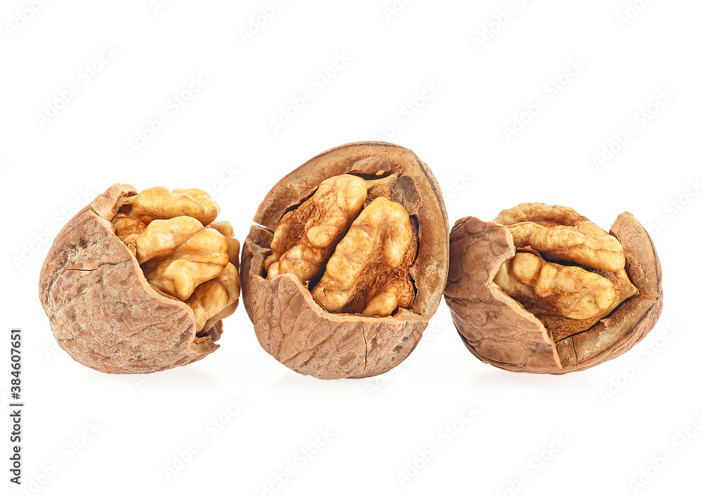 Kernel and whole walnuts isolated on a white background. Set of delicious walnuts. Kernel and whole walnuts isolated on a white background. Set of delicious walnuts.
