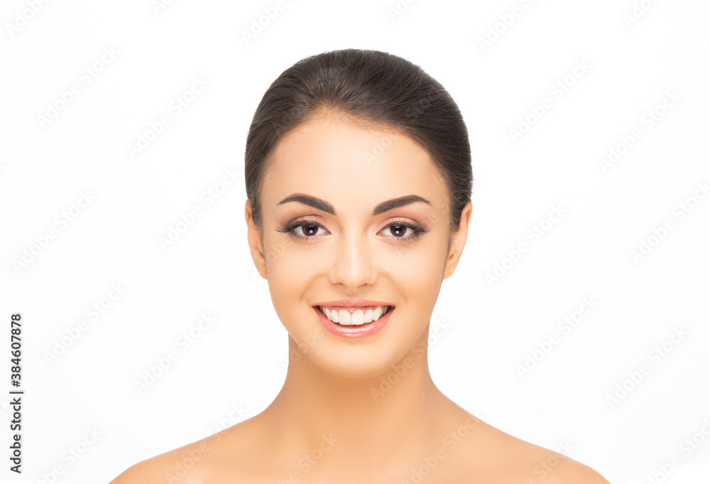 Face of a beautiful brunette girl. Portrait of young and attractive woman isolated on white. Face of a beautiful brunette girl. Portrait of young and attractive woman isolated on white.