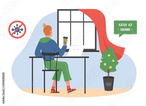 Work at home vector illustration. Cartoon man worker freelancer sitting at home office room interior, working with laptop in freelance job. Coronavirus quarantine preventive measures tips background