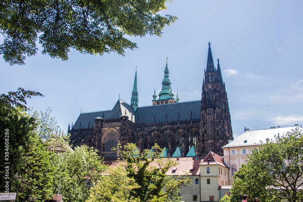 Prague castle sunny panorama view old town