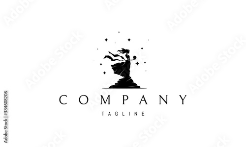 Vector logo on which an abstract image of Mother Nature in the form of a beautiful woman with a planet in her hand.