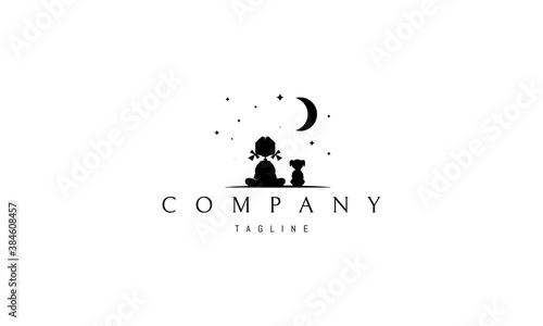 Vector logo in which an abstract image of a little girl sitting on the porch with a dog against the background of the moon.
