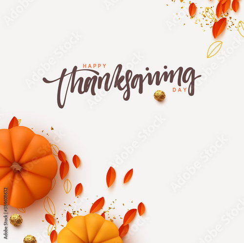 Thanksgiving day. Holiday background with realistic 3d orange pumpkins, fall foliage. Flat top view. Gift card, Festive poster, web banner, brochure, cover, flyer. Vector illustration