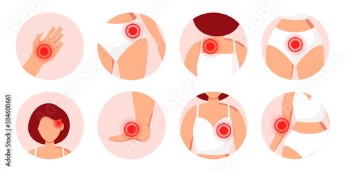 Creative trendy icon sets of physical body injury isolated on white background. Flat lay style. Vector illustration