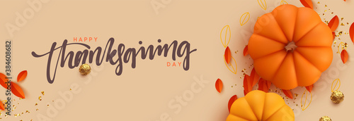 Thanksgiving day banner. Festive background with realistic 3d orange pumpkins, fall foliage. Horizontal holiday poster, header for website. Flat top view. Vector illustration