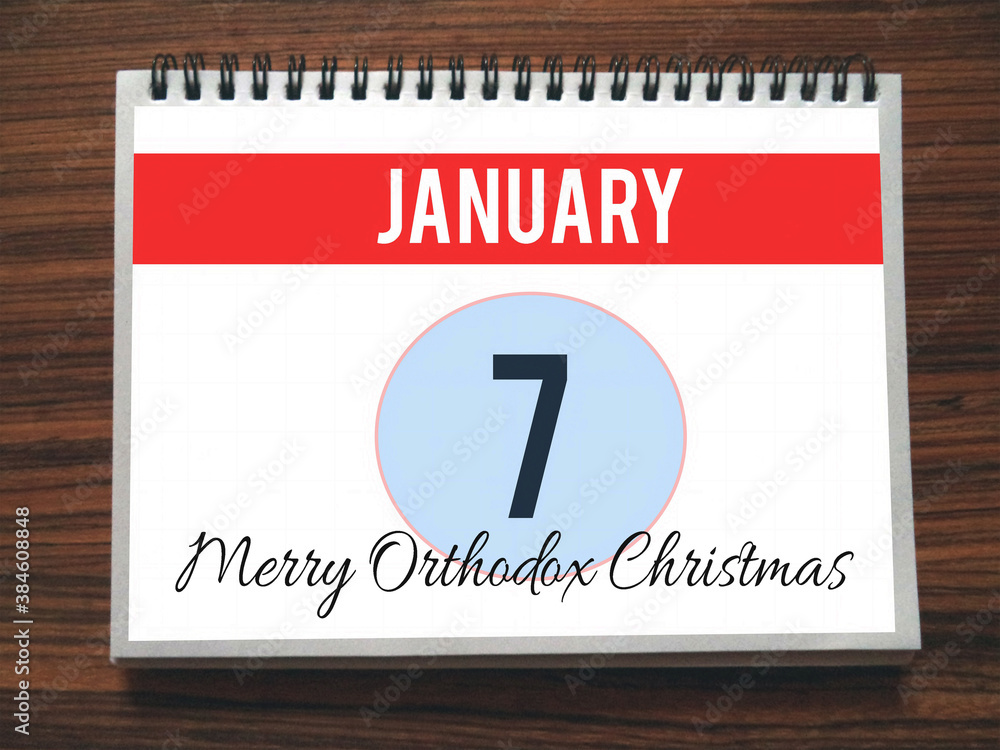 Fototapeta premium Calendar, January 7th, Merry Orthodox Christmas, on wooden background, illustration