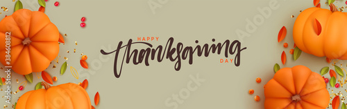 Thanksgiving day banner. Festive background with realistic 3d orange pumpkins, fall foliage. Horizontal holiday poster, header for website. Flat top view. Vector illustration