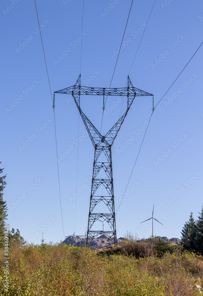 power line and wind turbines