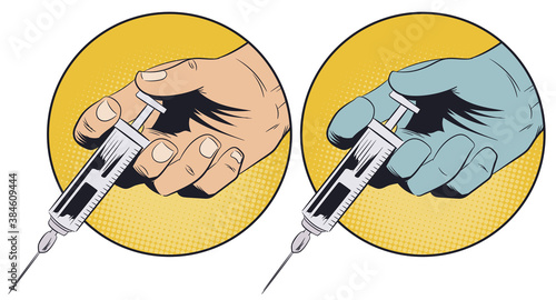 Doctor hand press syringe ready to inject. Stock illustration.
