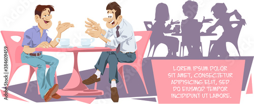 Friends are talking at table in cafe. Funny people.