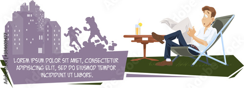 Young man reading newspaper. Guy in deck chair about house.