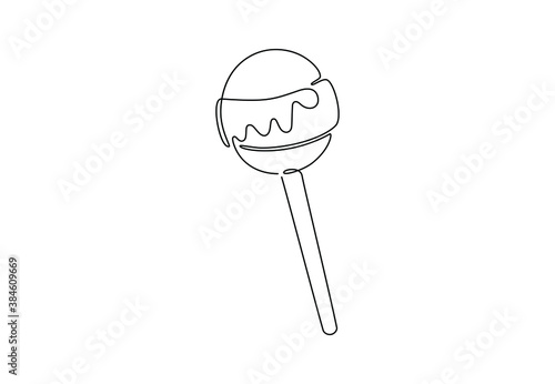 Continuous one line drawing of round lollipop candy shop logotype label. Hand drawn sweet drop for posters banner textile, confectionery store logo template concept. Modern vector illustration