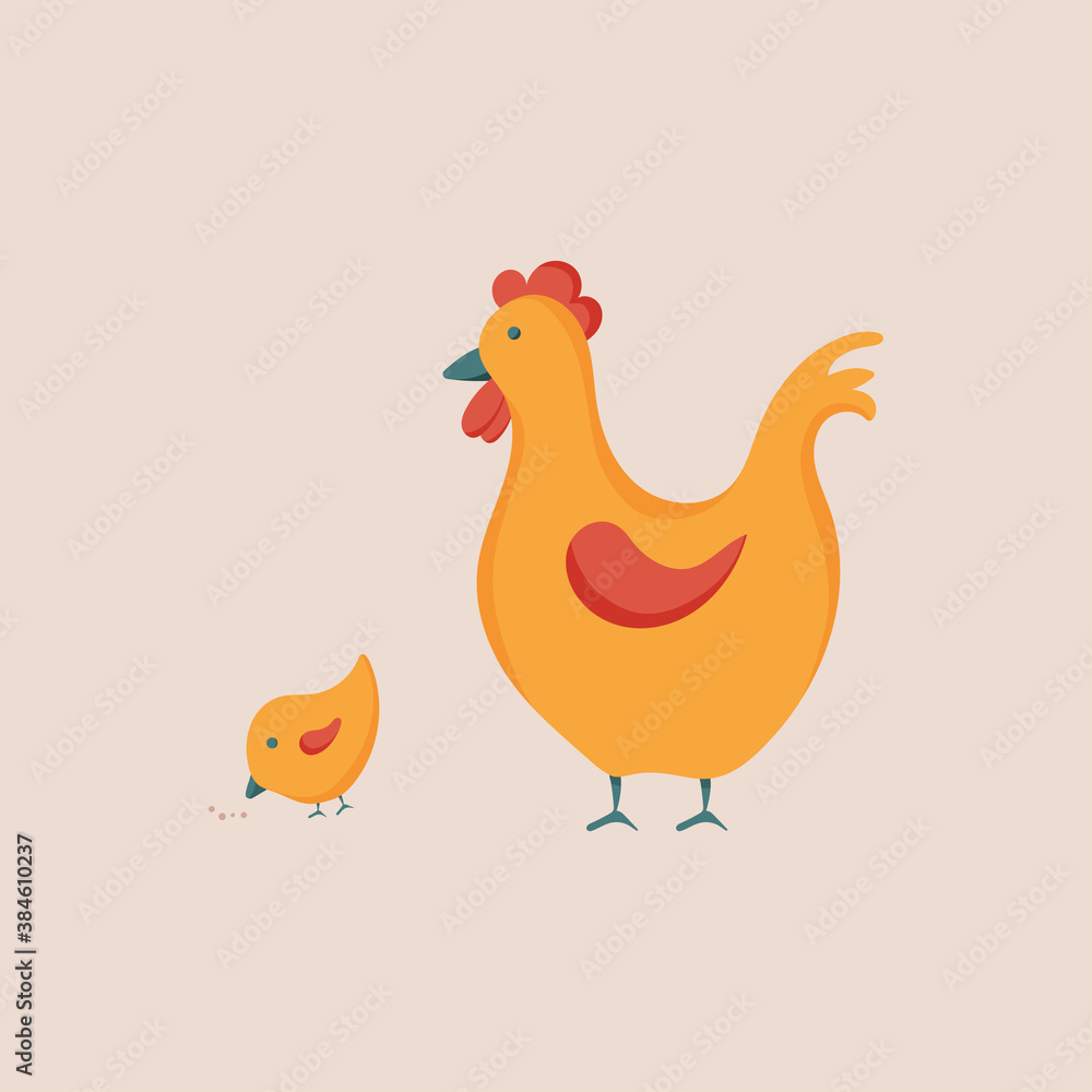 Bright yellow vector illustration of chicken and hen. Farm animal. Bright yellow vector illustration of chicken and hen. Farm animal.