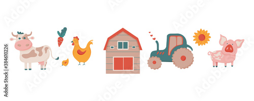 Collection of vector stock illustration of farm animals and equipment. Vector cow pig barn tractor and hen. 