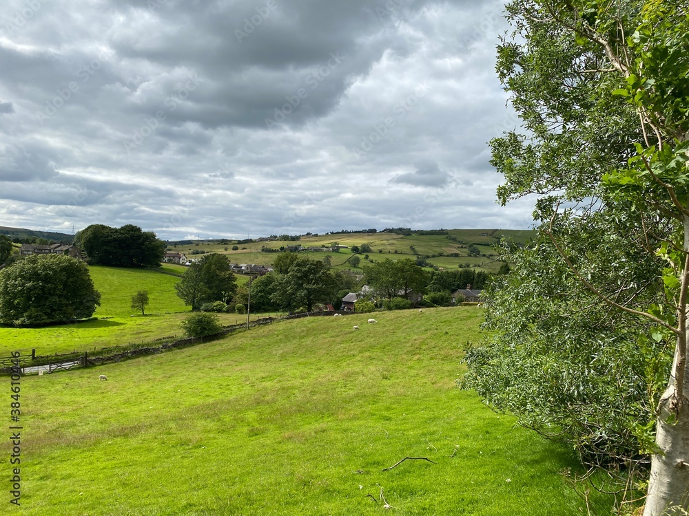 View of, countryside, with heavy cloud, meadows, fields, and farms near, Huddersfield road, Delph