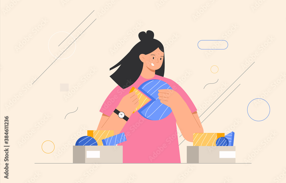 Business concept. Woman connecting puzzle elements or jigsaw pieces, abstract shapes on the background. Flat style vector illustration.