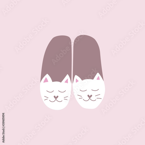 Home slippers with cats. Cozy shoes. Doodle illustration