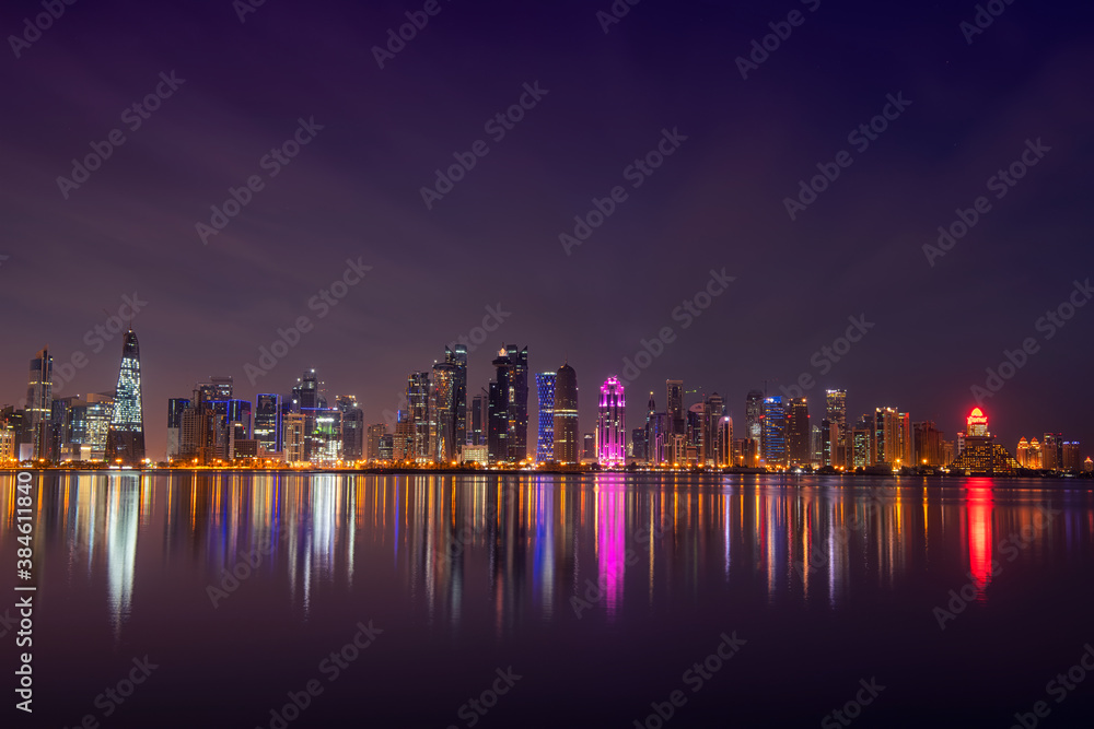 Beautiful sunrise view of Corniche West bay skyline Doha City