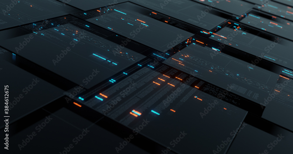 Abstract user interface head up displays, multiple screen with computer programming code and digital data telemetry information. 3D render Abstract user interface head up displays, multiple screen with computer programming code and digital data telemetry information. 3D render