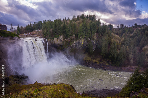 Amazing waterfall, view from above. Snoqualmie Falls after Heavy Rain. Snoqualmie Falls, Snoqualmie region, Washington