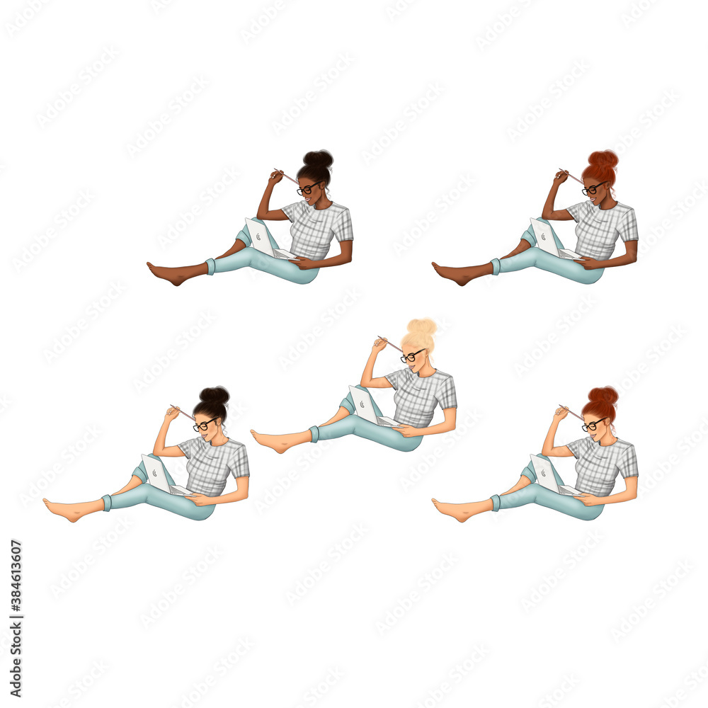 Obraz premium Set Girls Isolated On A White Background Hand Drawn Illustration 