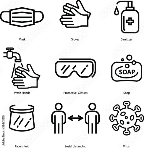 Coronavirus, virus prevention line icons. Vector illustration include icon - wash hands disinfection, face mask, sanitizer gloves outline pictogram for Perfect Editable Stroke
