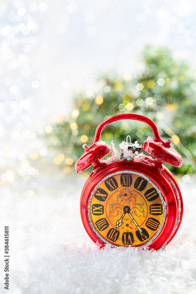 Christmas card with a red alarm clock.