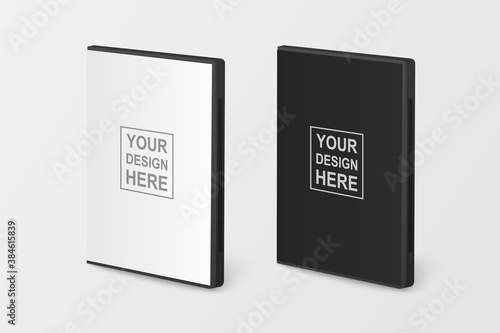 Vector 3d Realistic Blank White and Black CD, DVD Plastc or Paper Cover Case Box Set Closeup Isolated on White Background. Design Template. CD Packaging Copy Space. Half-turn View