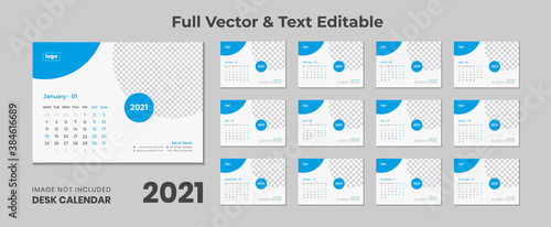 2021 desk calendar with blue layout,Blue desk calendar 2021,New Desk Calendar 2021 template - 12 months included,Happy New Year 2021 Desk Calendar,Calendar for 2021 year.Week starts Sunday. Flat style
