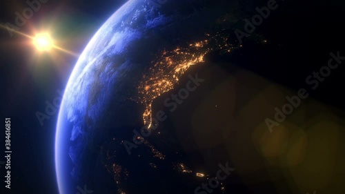 Slow Sunset Overt The North America. The Earth Seen From Space. The North American City Lights.
