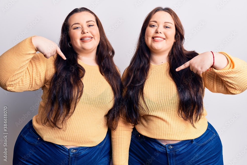 Young plus size twins wearing casual clothes looking confident with smile on face, pointing oneself with fingers proud and happy. Young plus size twins wearing casual clothes looking confident with smile on face, pointing oneself with fingers proud and happy.