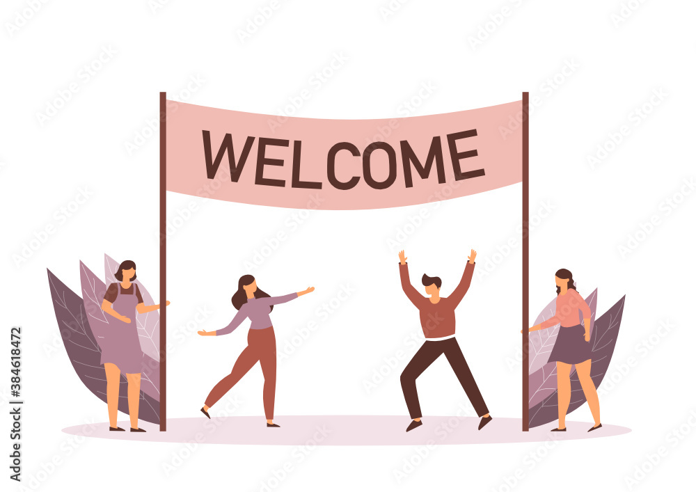 Business concept, Businessman and business women holding 'Welcome' signboard with white background. Vector illustration. Business concept, Businessman and business women holding 'Welcome' signboard with white background. Vector illustration.