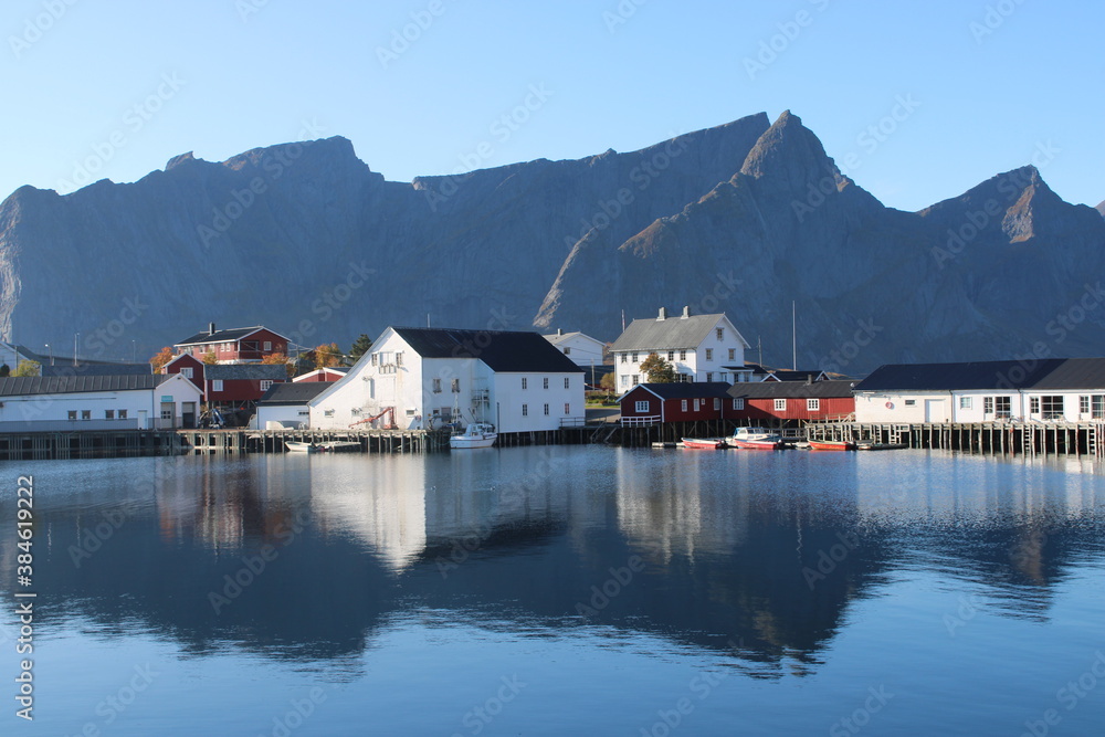 The beautiful village of Å on Lofoten islands in Norway on a beautiful and clear day in autumns