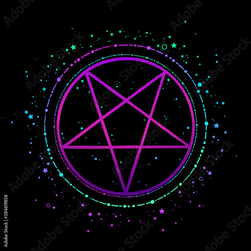 mystical bright pentagram in round frame