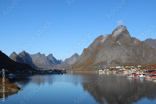 The idyllic village of Reine on Lofoten islands on a beautiful day in autumn