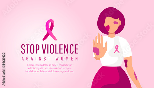 Young girl with bruises and abrasions raised her hand up and shows a stop violence sign. Stop violence against women