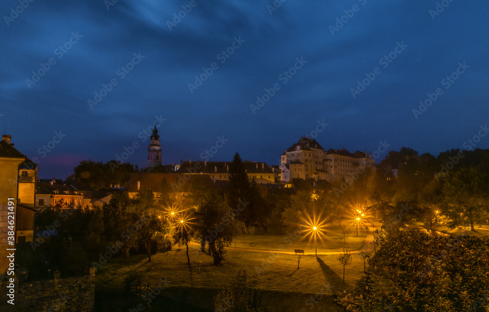 View for Cesky Krumlov old town from lookout over night in autumn morning