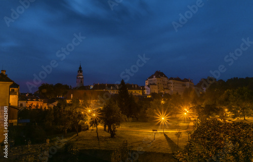 View for Cesky Krumlov old town from lookout over night in autumn morning