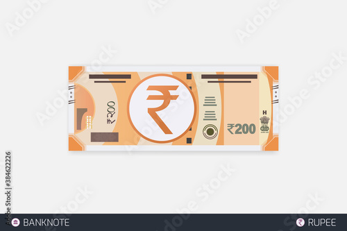 Rupee Indian currency symbol. Flat style Indian two hundred rupee vector illustration. New 200 rupee banknote.